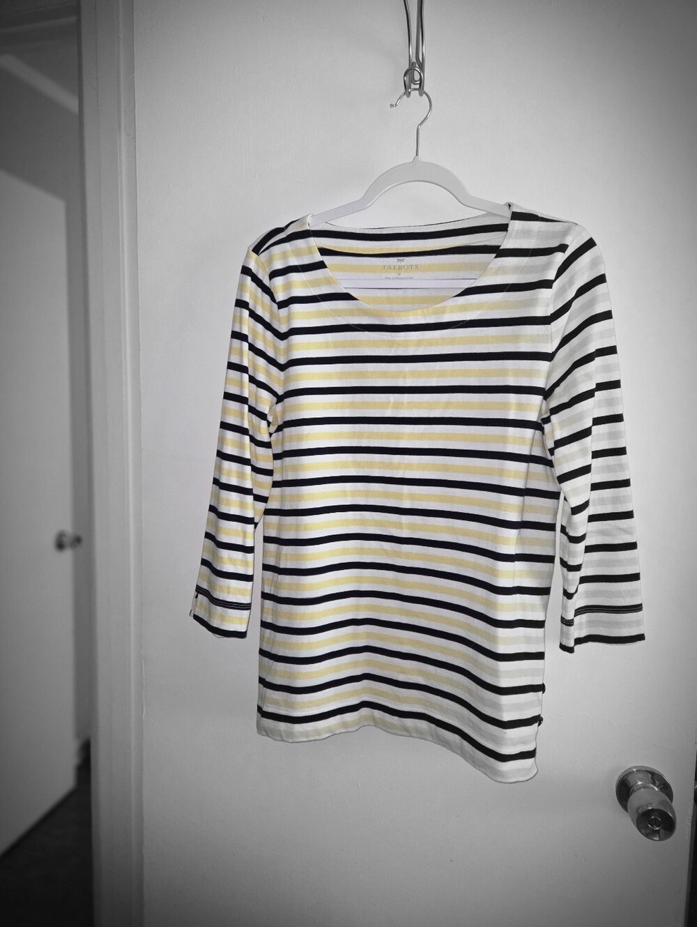 Talbots Striped Scoop-Neck Long Sleeve Top in White, Black & Yellow